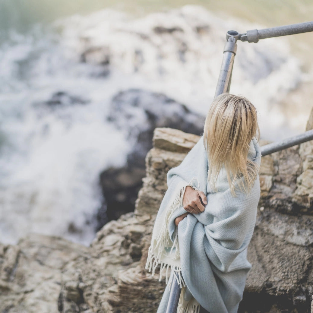 Duck Egg Blue Herringbone Wool Blanket