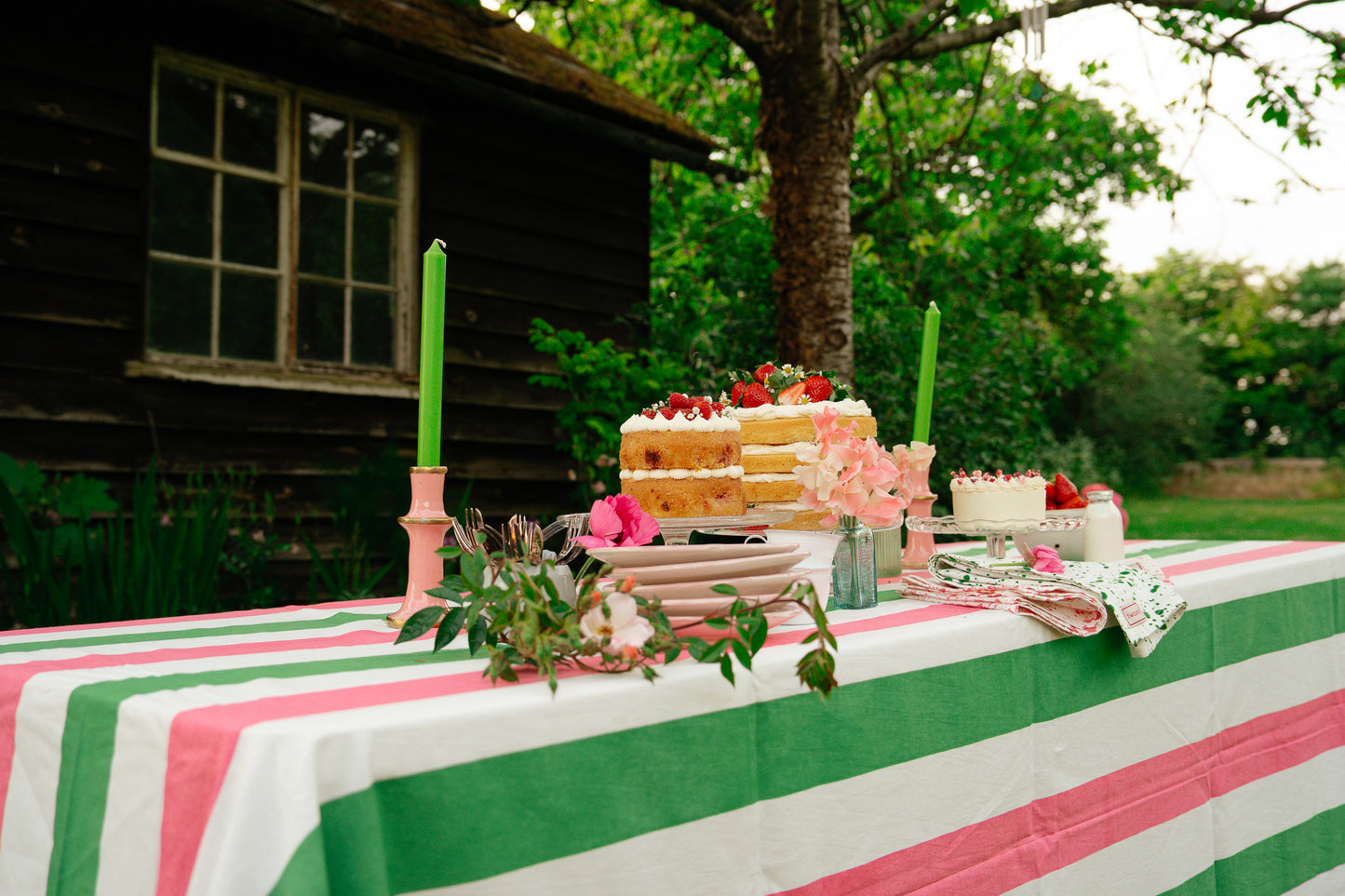Pink & Green Stripe Tablecloth - Upstairs Downstairs Interiors