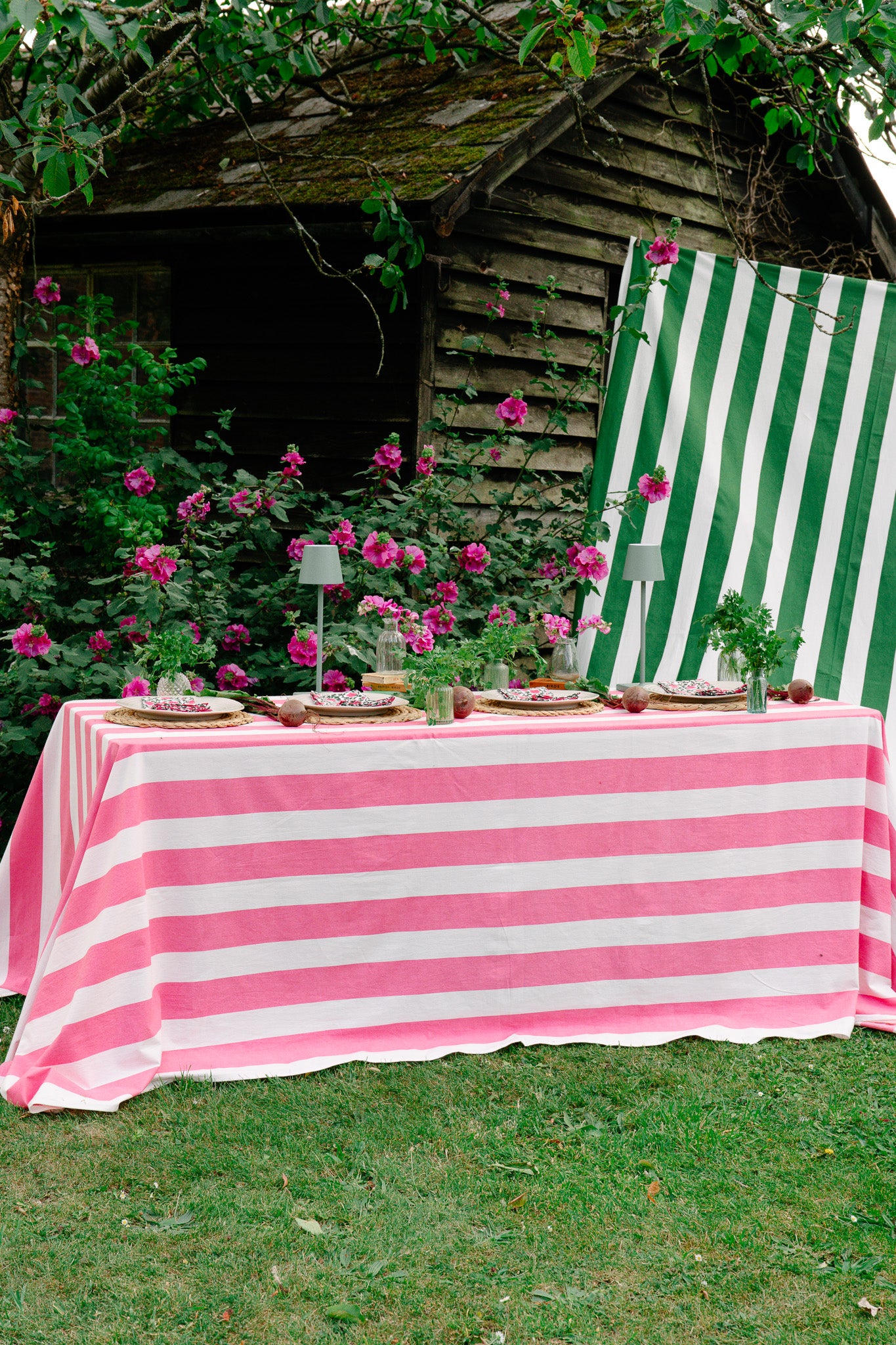 Pink & White Stripe Tablecloth - Upstairs Downstairs Interiors