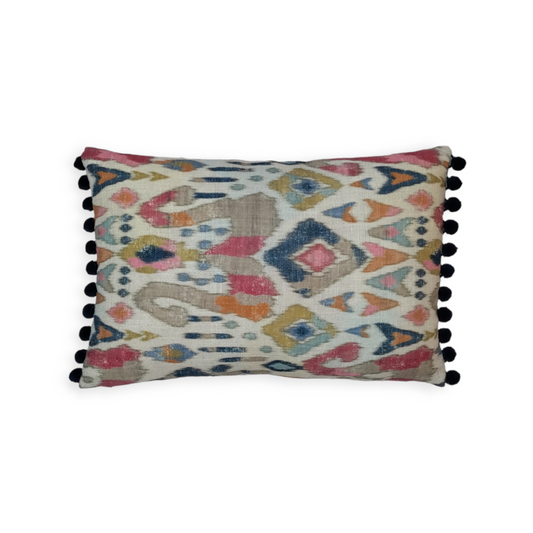 Jane Churchill Jaru Ikat Cushion With Navy Pom Poms