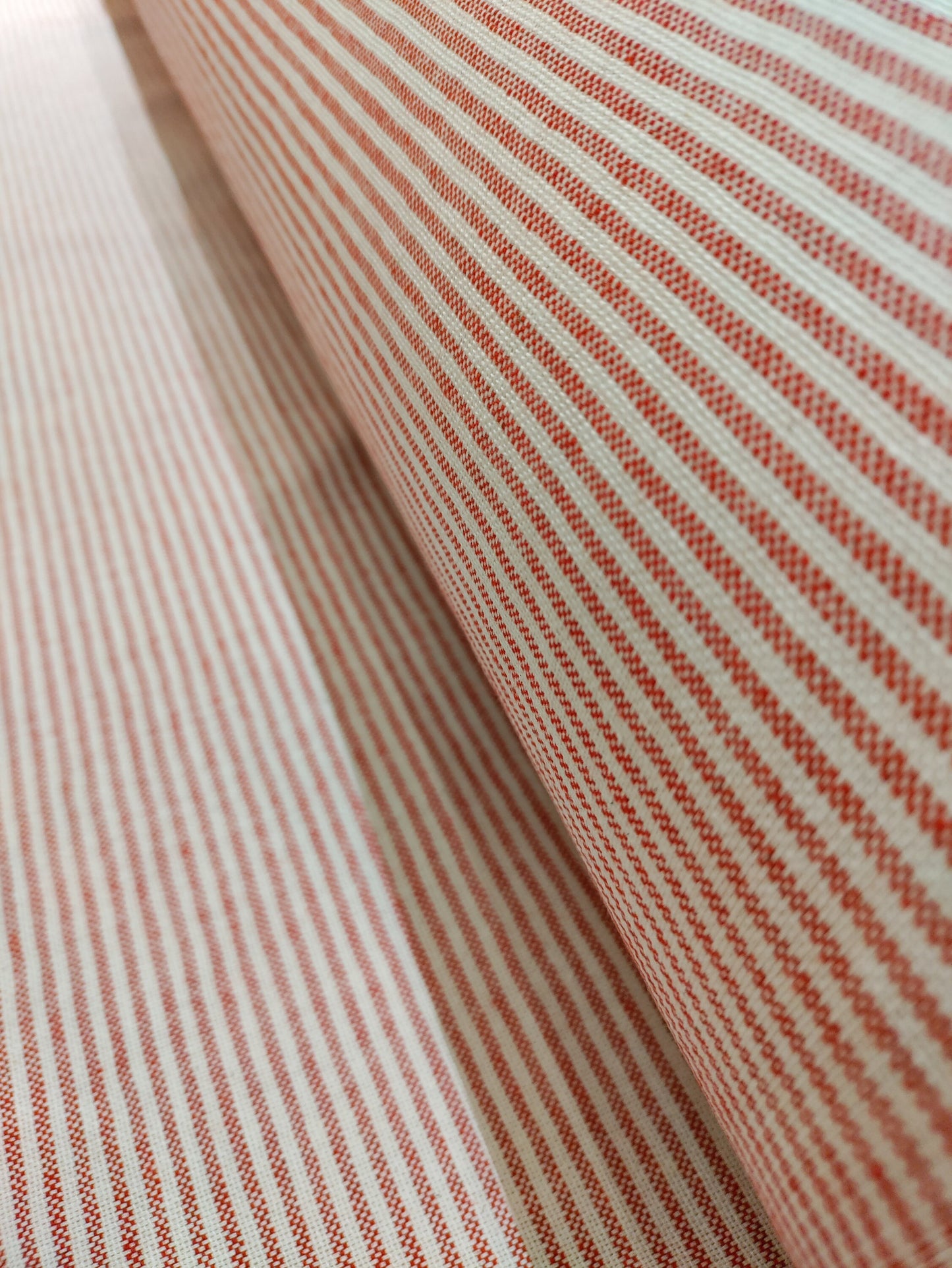 Ruby Red Pinstripe Ticking - Upstairs Downstairs Interiors