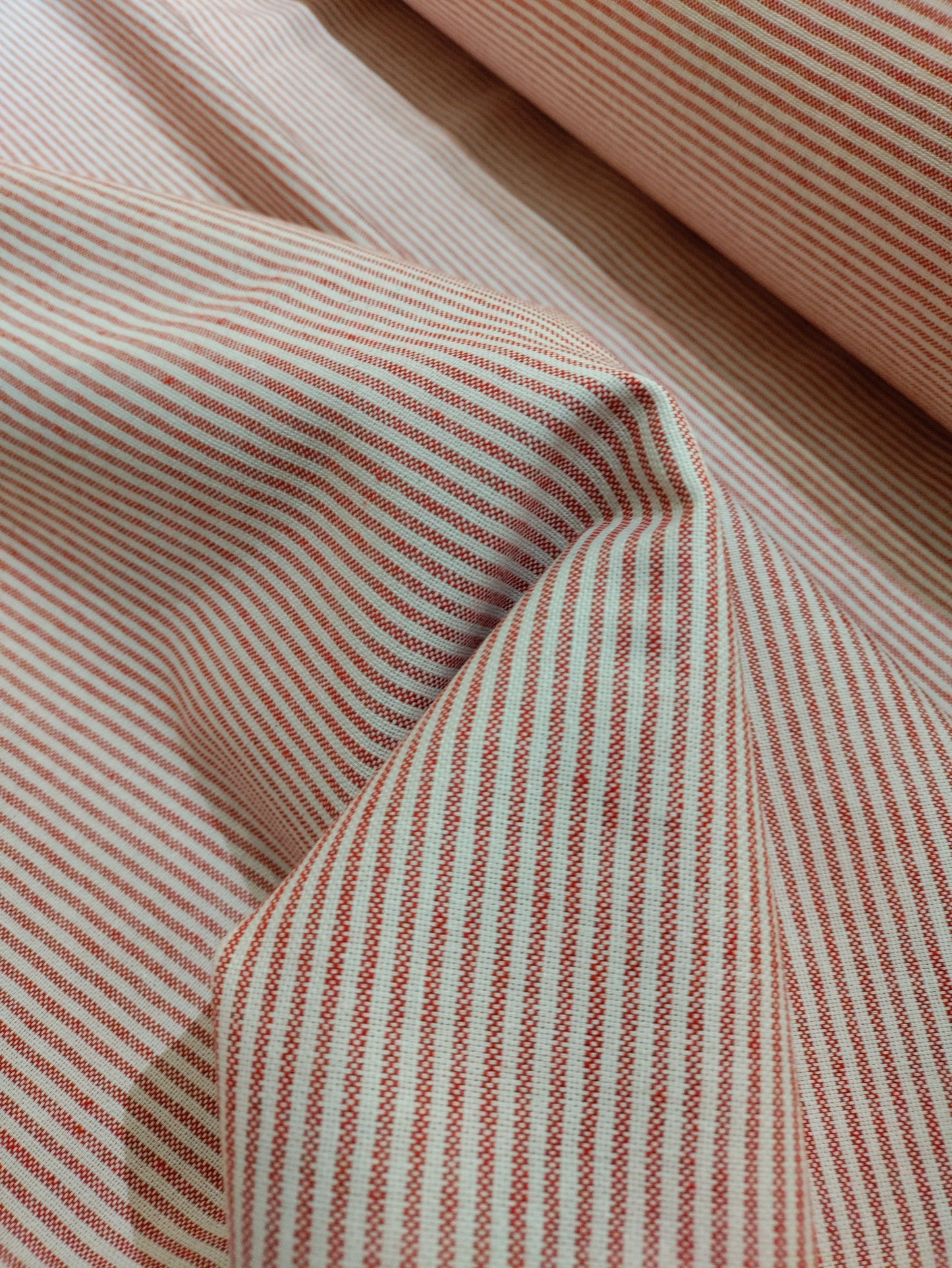 Ruby Red Pinstripe Ticking - Upstairs Downstairs Interiors