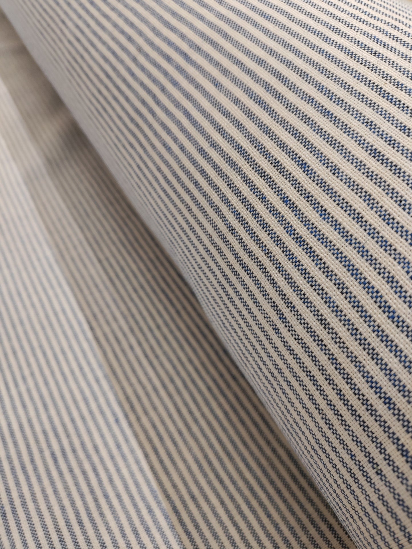Navy Pinstripe Ticking - Upstairs Downstairs Interiors