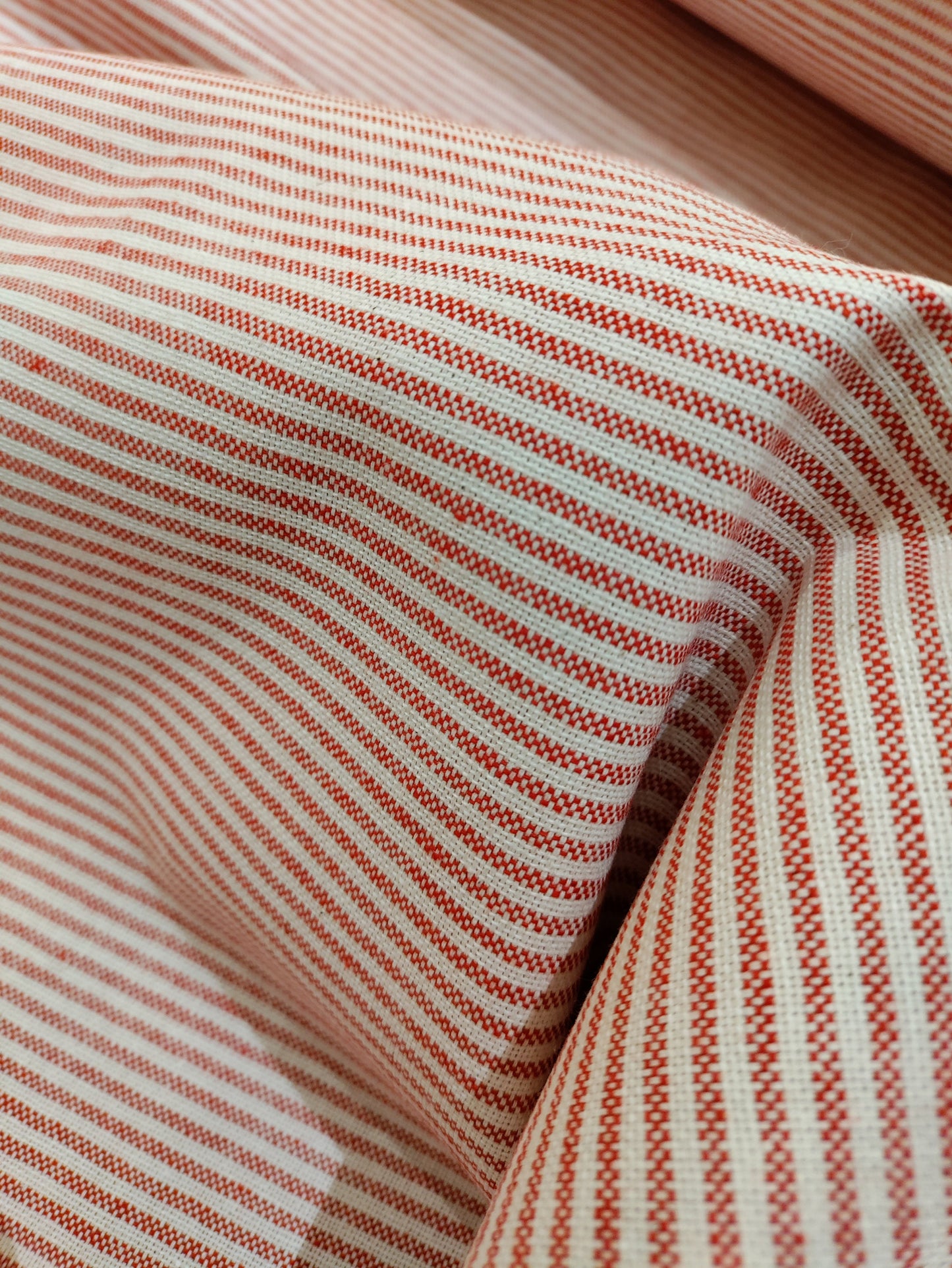 Ruby Red Pinstripe Ticking - Upstairs Downstairs Interiors