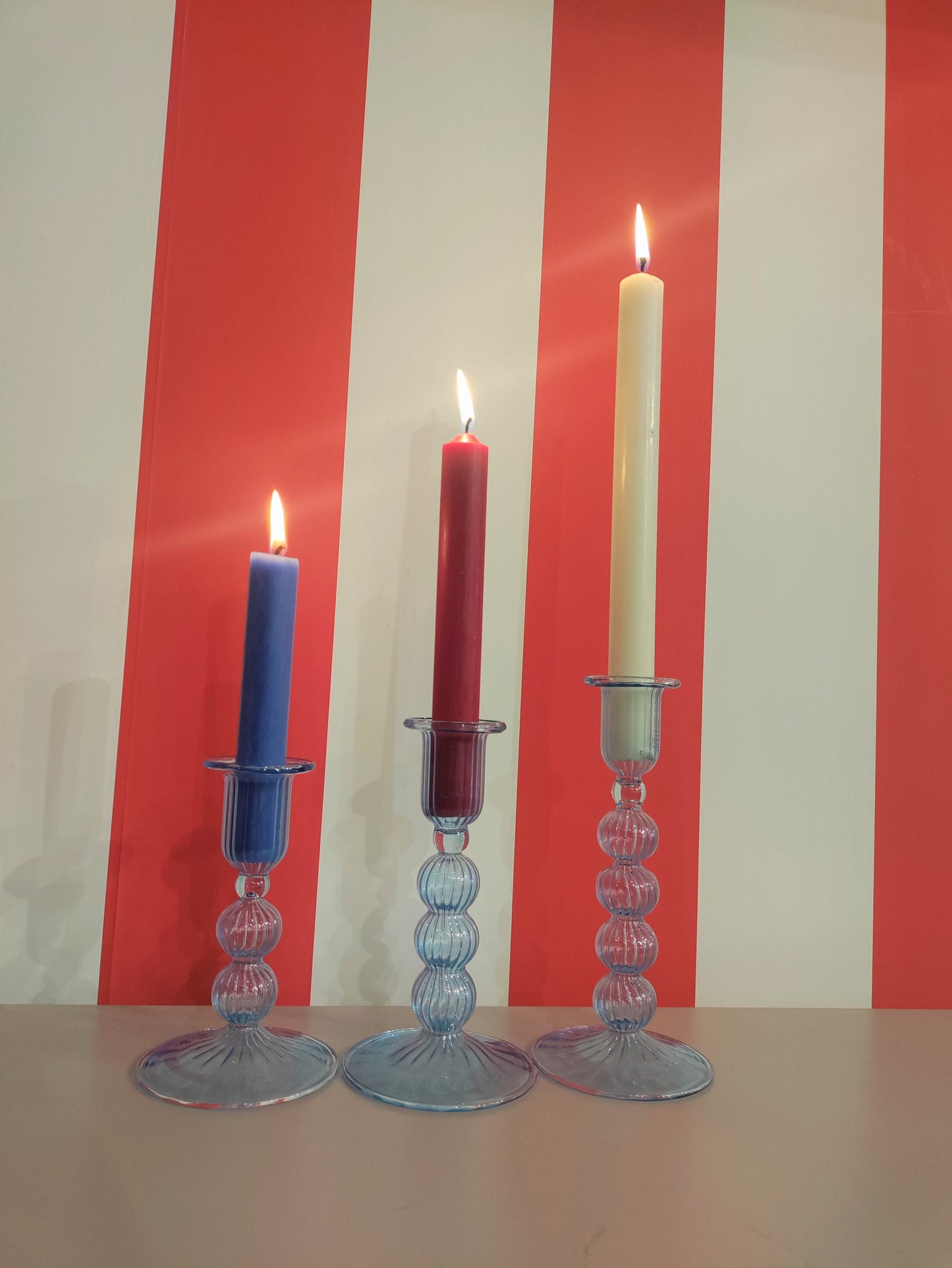 Set of 3 Bubble Flute Handblown Glass Candlestick