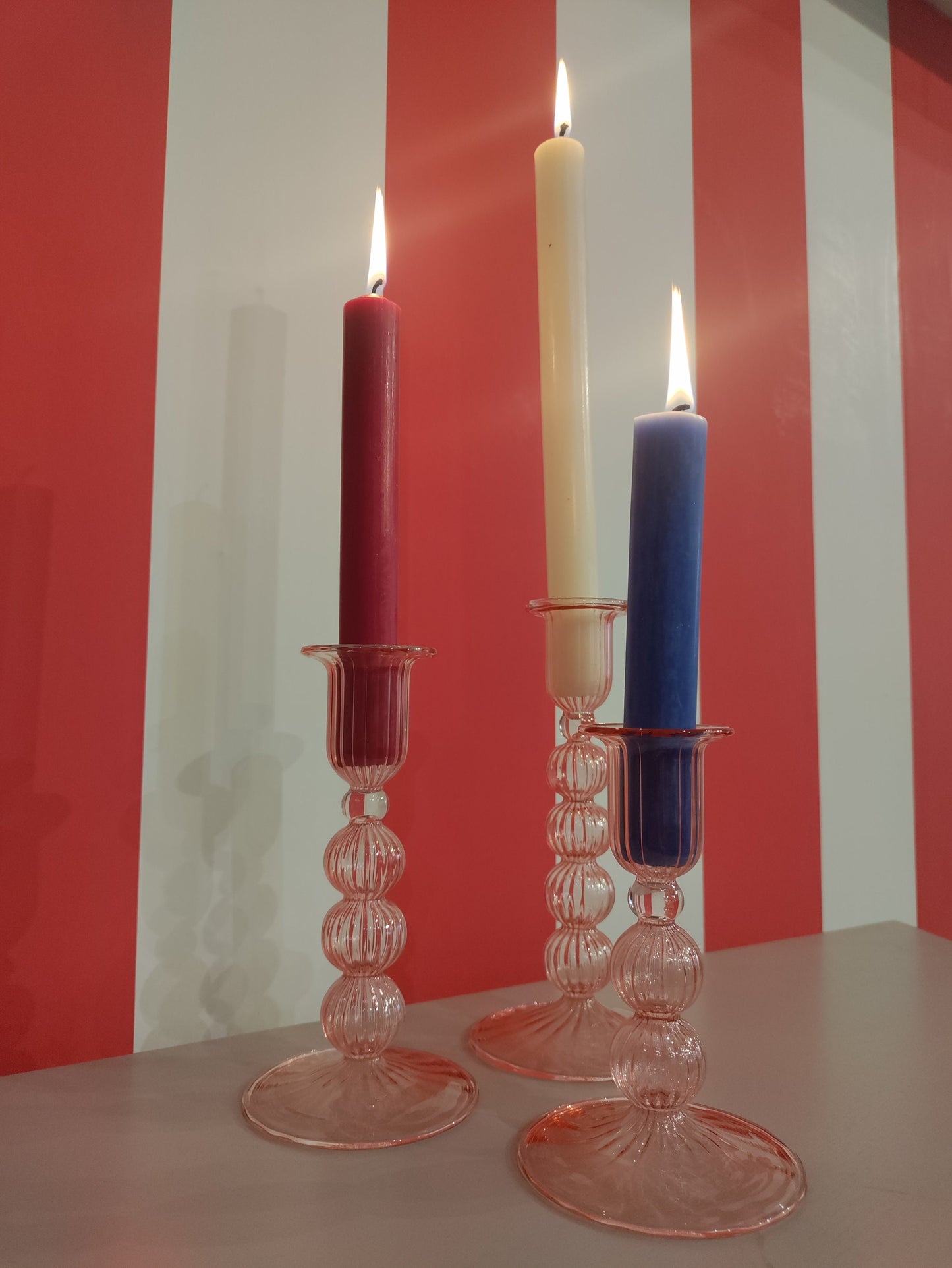 Set of 3 Bubble Flute Handblown Glass Candlestick