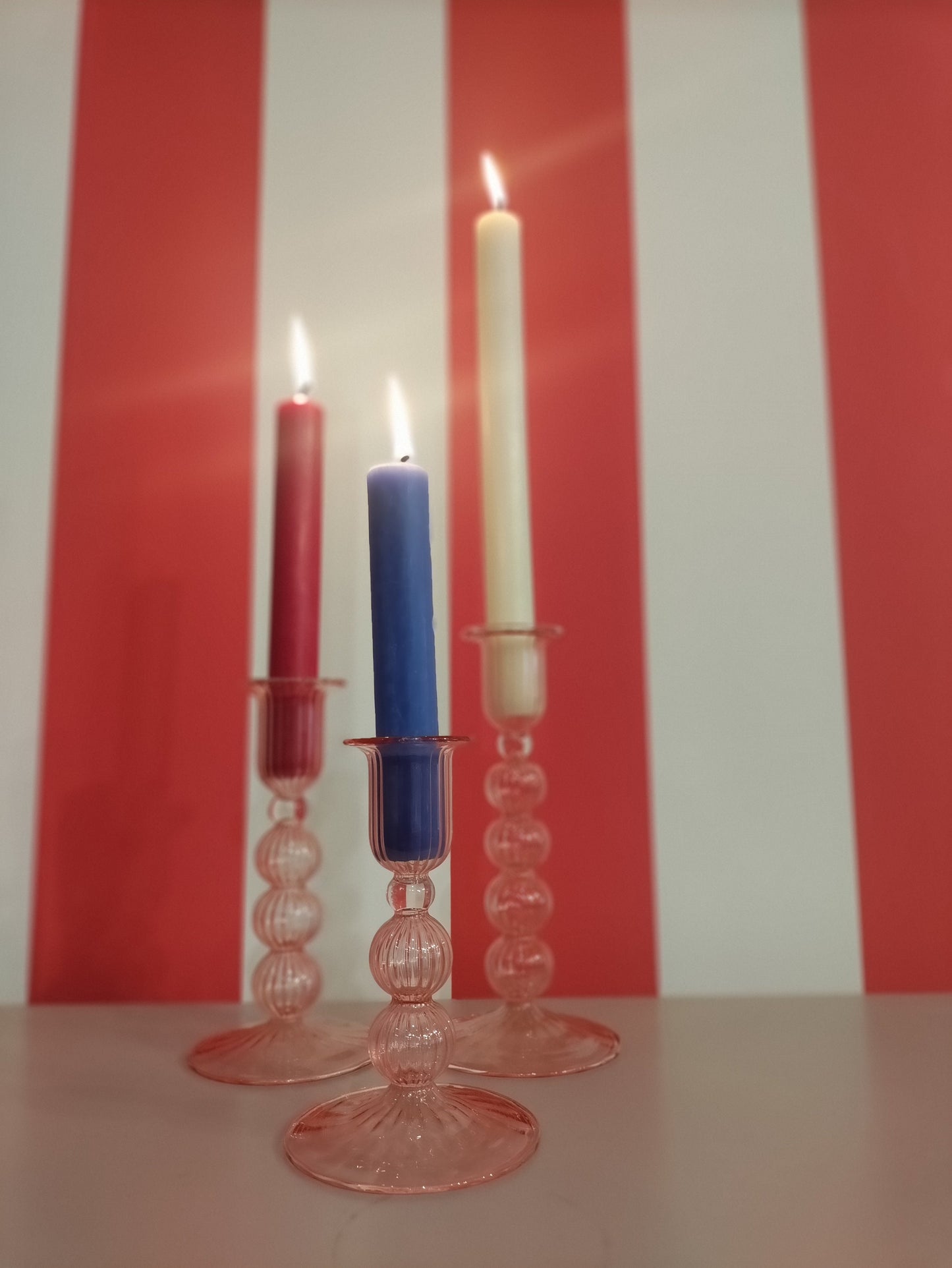 Set of 3 Bubble Flute Handblown Glass Candlestick