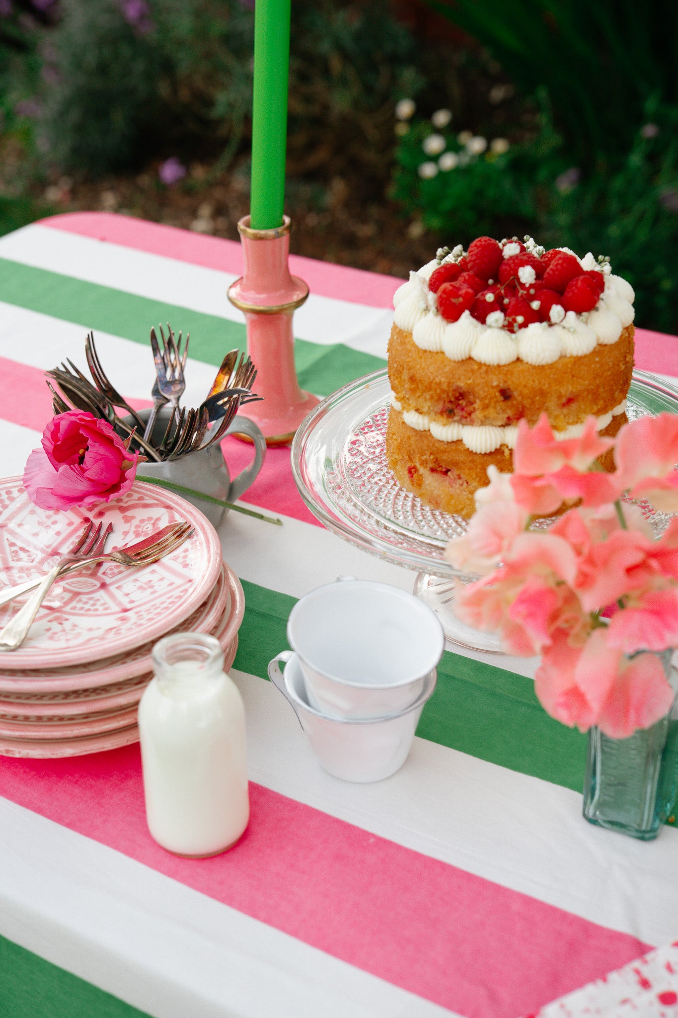 Pink & Green Stripe Tablecloth - Upstairs Downstairs Interiors