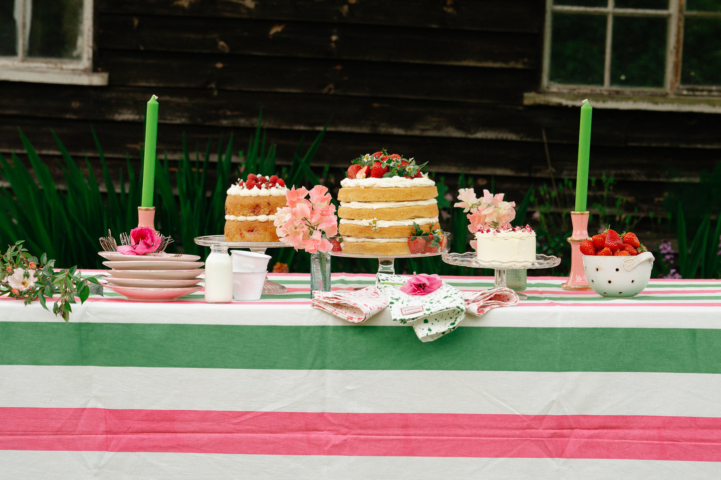 Pink & Green Stripe Tablecloth - Upstairs Downstairs Interiors