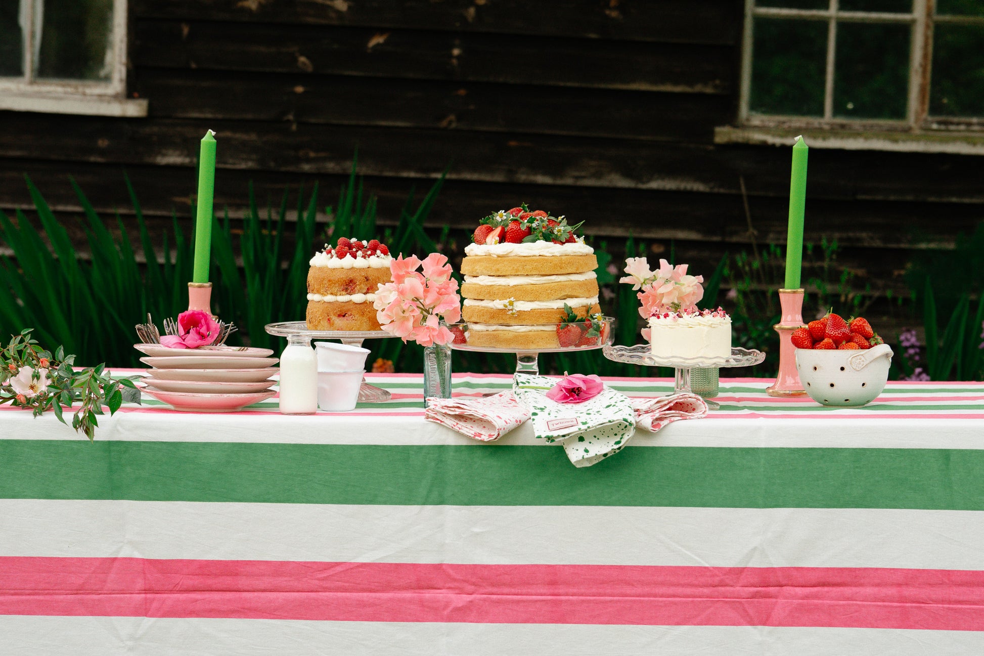 Pink & Green Stripe Tablecloth - Upstairs Downstairs Interiors
