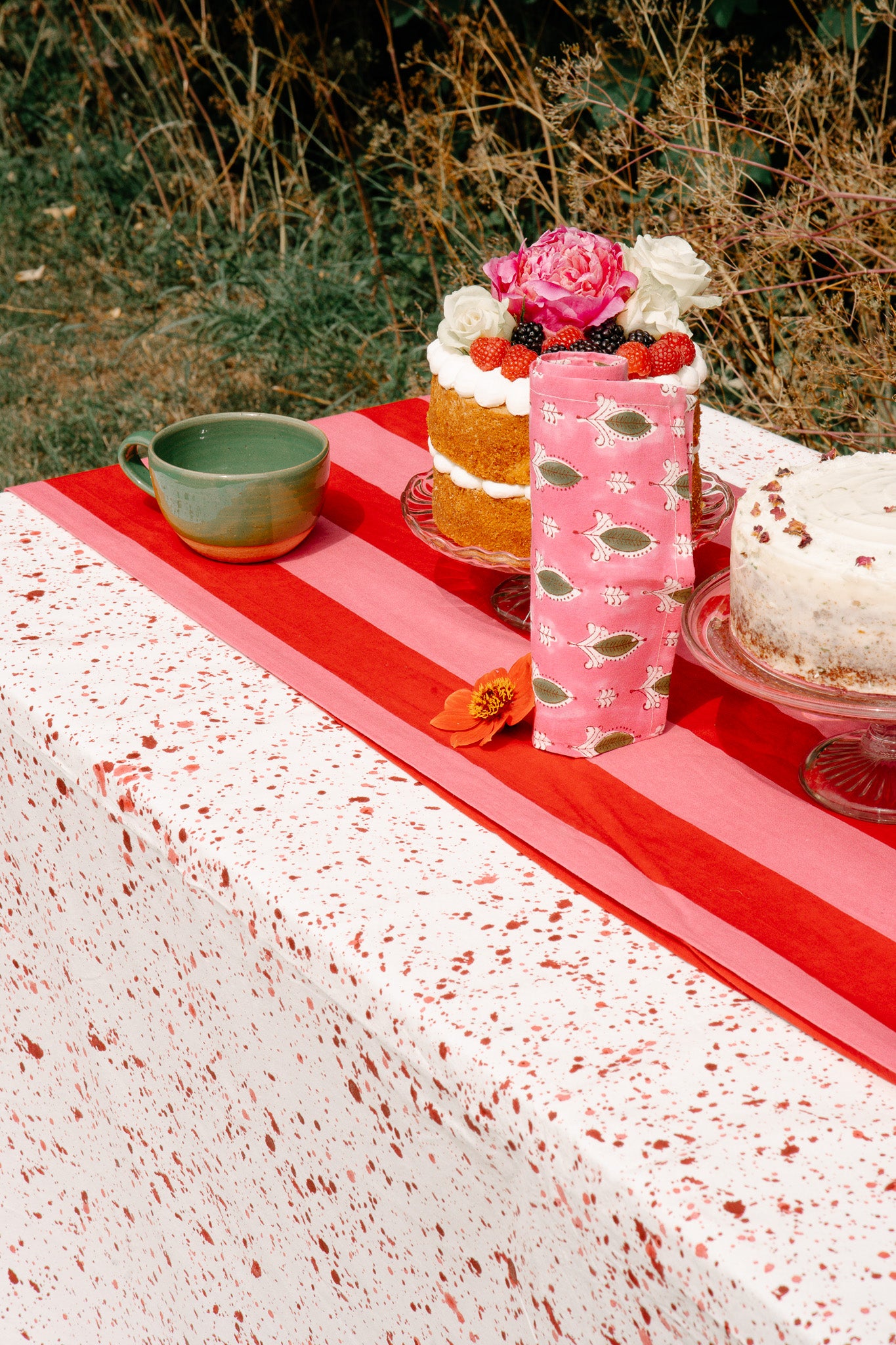 Pink & Red Stripe Tablecloth - Upstairs Downstairs Interiors