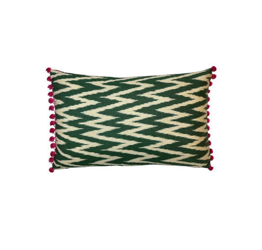 Silk Ikat Green Zig Zag Rectangle Cushion - Large