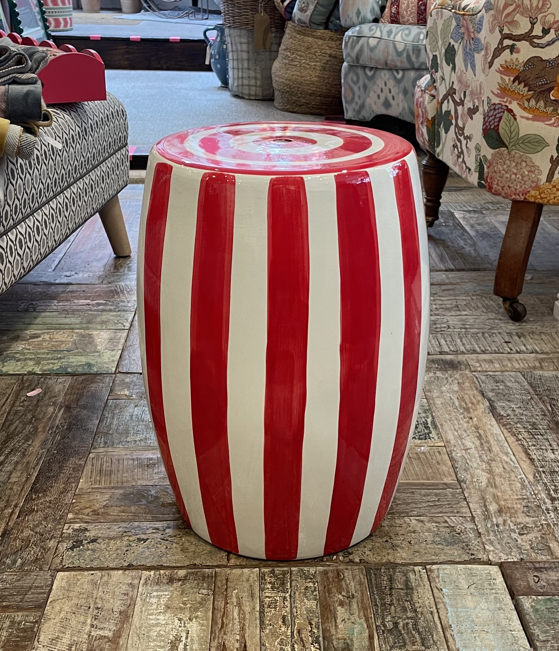 Red Striped Ceramic Stool – Upstairs Downstairs Interiors