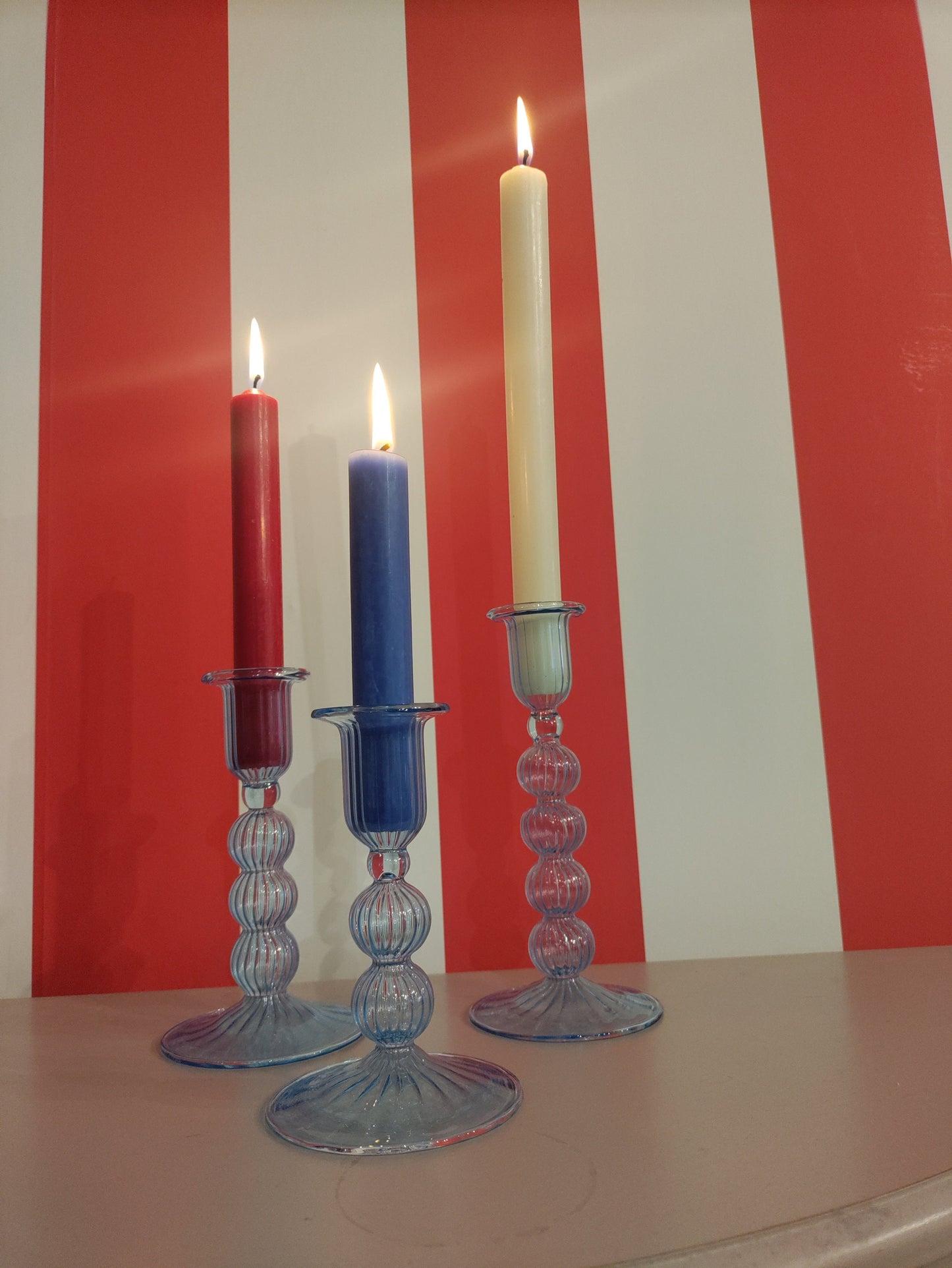 Set of 3 Bubble Flute Handblown Glass Candlestick