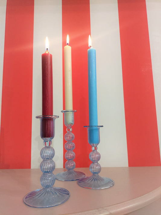 Set of 3 Bubble Flute Handblown Glass Candlestick