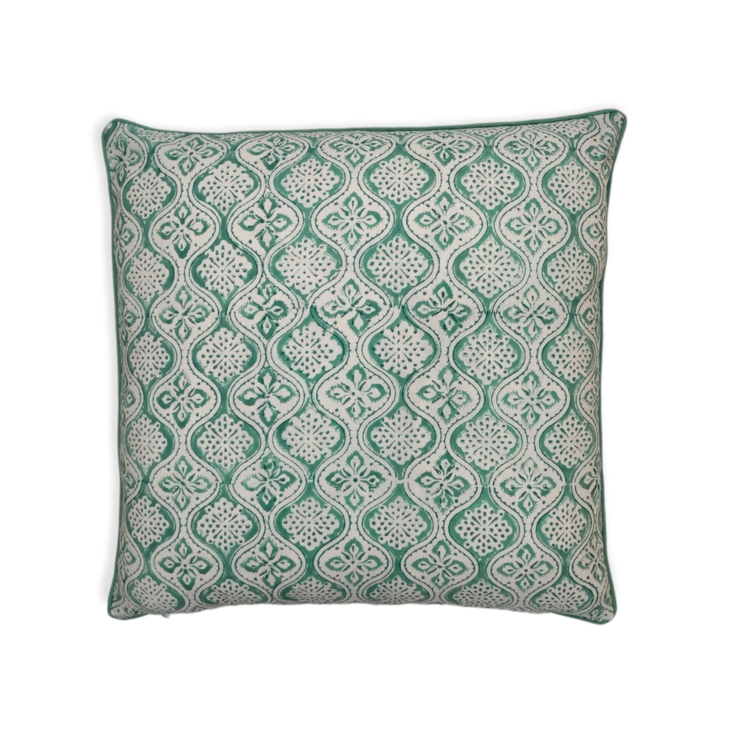 Green Trellis Tile Hand Block Printed Cotton Cushion