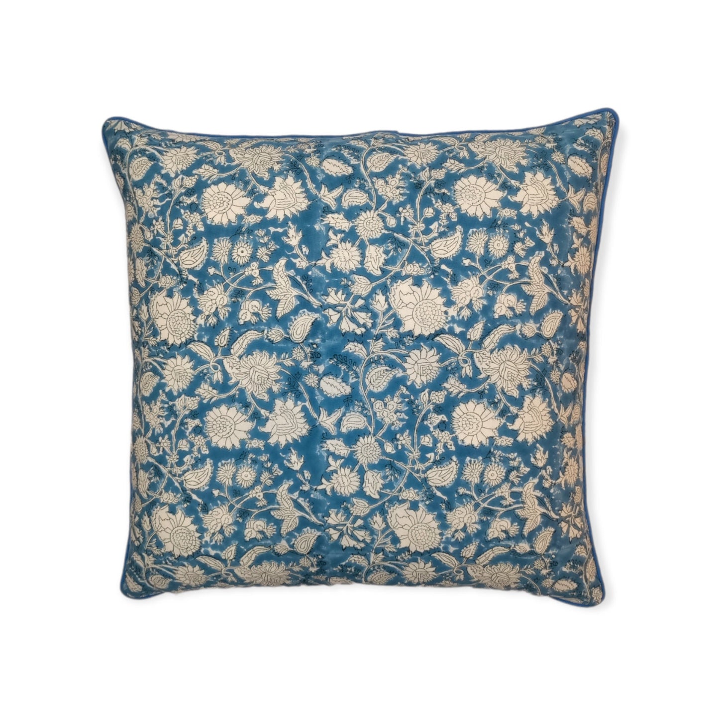 Aqua Floral Piped Hand Block Printed Cotton Cushion